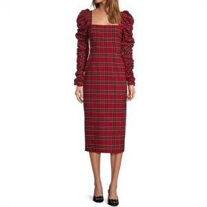 Antonio Melani Elena Plaid Square Neck Long Ruched Sleeve Dress